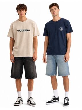 Men’s Volcom Bundle - Beige Sand Logo Tee & Navy Emblem Tee — Size Small EUC